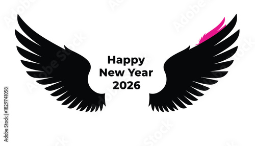 Happy New Year 2026 illustration featuring black angel wings and a festive holiday greetings and celebrations