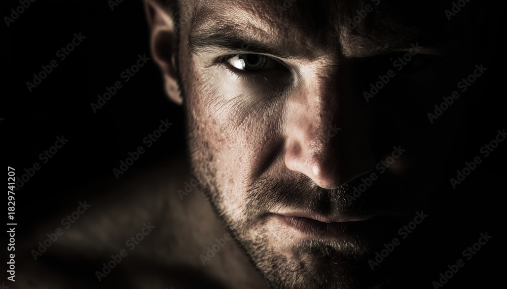 Obraz premium Male Subject With Dramatic Overhead Lighting Gazing Directly At The Camera In A Studio Setting, Captured In High Resolution Quality.