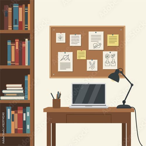 Desk with Laptop and Lamp in a Study Room.