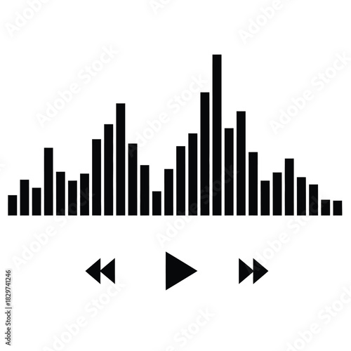 Modern black audio visualizer waveform with play, pause, and rewind controls on isolated white background for music concept