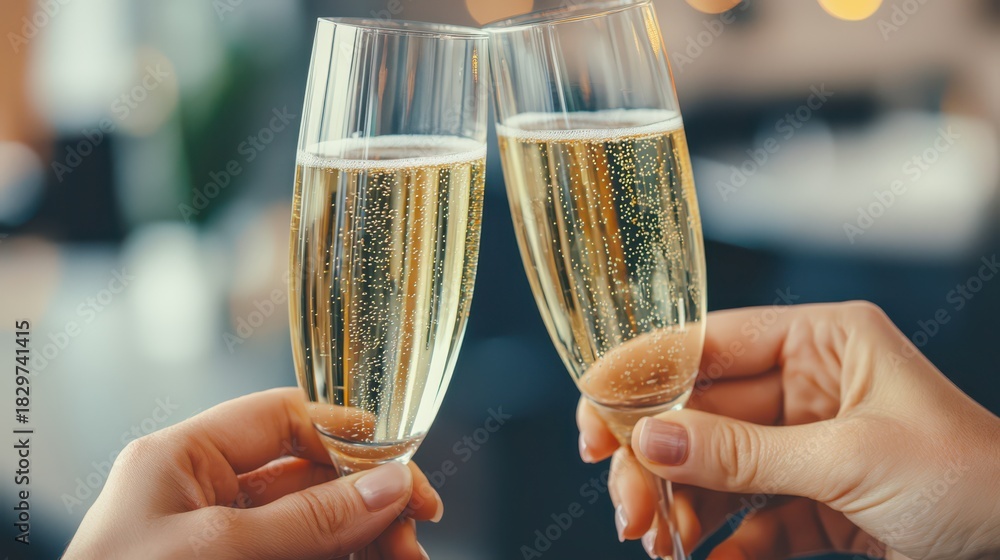 Obraz premium Two glasses of sparkling champagne are clinking together, symbolizing celebration and joy in a cozy, elegant setting.