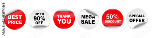Offer sticker tag set. Sale promo sign. Paper price banners. Curled round red paper sticker with different advertising texts