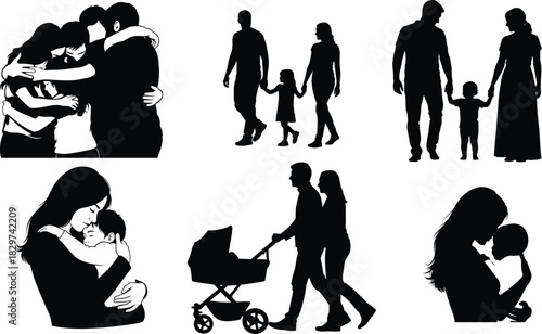 Silhouette collection of families parents children love and togetherness