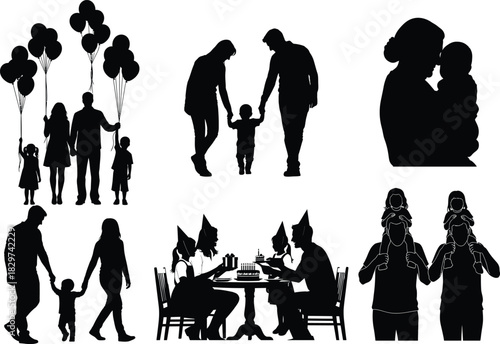 Silhouette collection of families celebrating special moments and milestones together