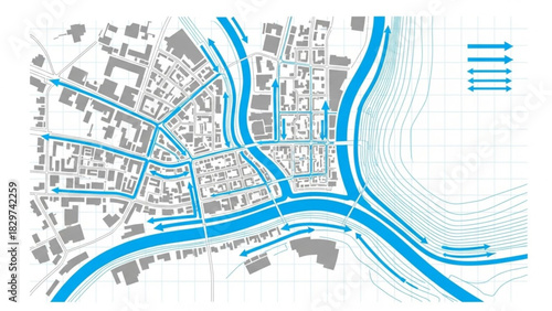 Water Flow Direction Map for Flood Risk Assessment – Vector Illustration
