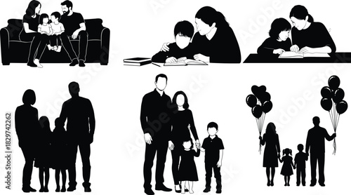 Family silhouettes parents and children in various activities and poses