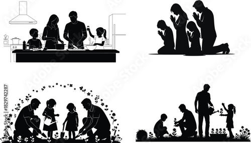 Silhouette illustrations depicting family activities and spiritual moments in black and white