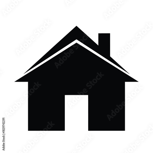 Simple black house icon with chimney and doorway silhouette isolated on white background for real estate or home concept