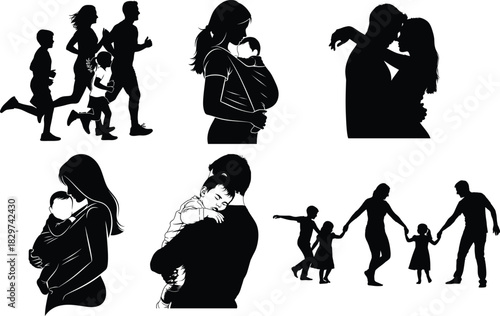 Family silhouettes collection diverse activities and loving moments in vector format