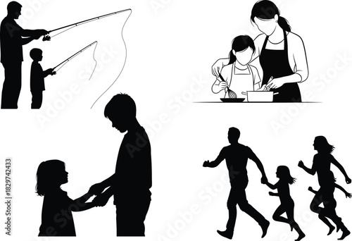 Family activities silhouette collection fishing cooking comforting and playing together