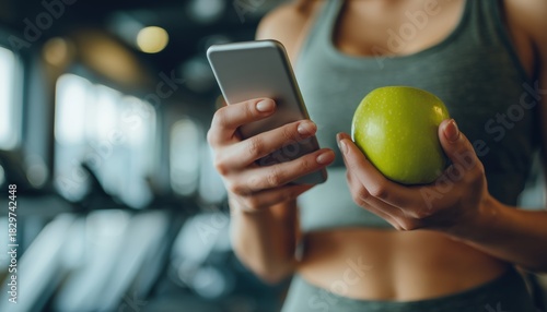 Woman Uses Smart Phone And Holds Apple While Working Out In Fitness Gym, Showcasing The Intersection Of Sport And Technology In A Healthcare Theme.