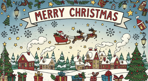 Santa Claus flying in his sleigh with reindeer over a snowy village.