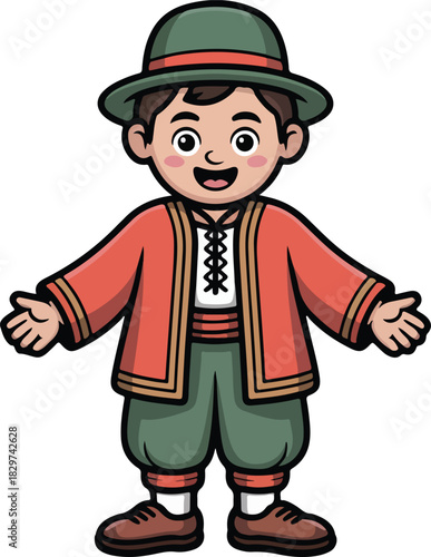 Smiling cartoon boy vector wearing traditional folk costume with a green hat and red jacket