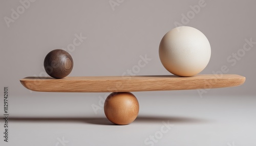 Wooden Scale Balancing With Large And Small Balls: Illustration Of Harmony And Balance In Artistic Rendering