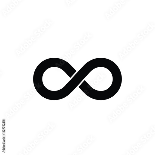 Simple black infinity symbol on white background representing eternity, endlessness, and concepts of forever and limitless possibilities.