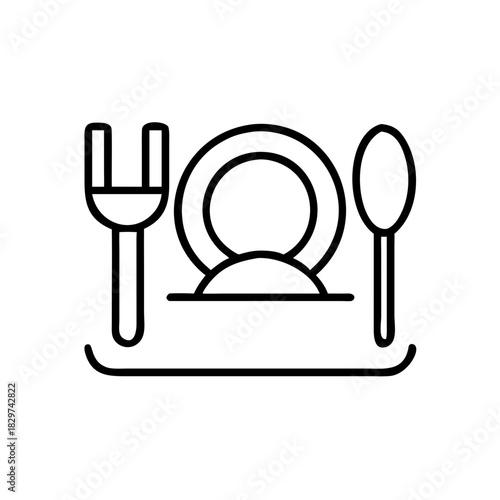 Outline of plate with fork and spoon on dining table concept of daily routine  