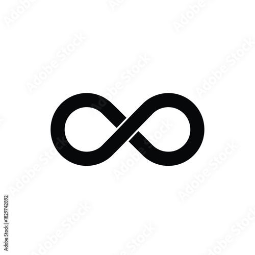 Black infinity symbol, a continuous loop, representing endlessness, eternity, and limitless possibilities on a clean white background.