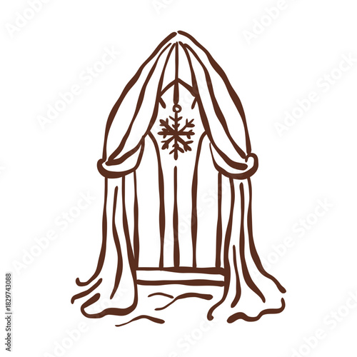 Cozy winter curtain arch framing a magical doorway with soft draping fabric and a delicate snowflake charm for whimsical castlecore vibes