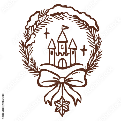 winter castle crowned with snowy wreath and festive bow creating a magical cozy holiday fairytale charm