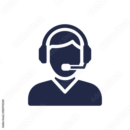 Isolated dark blue icon representing a customer service representative wearing a headset with microphone, isolated on white.