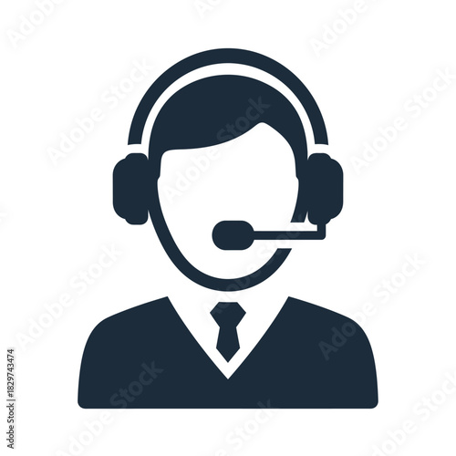 Customer support agent wearing headset with microphone, icon representing communication, service, call center, and assistance. operator at work.