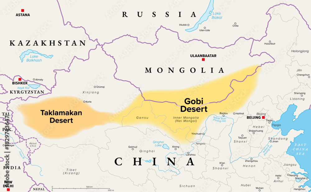 Fototapeta premium Gobi and Taklamakan Desert, political map. Gobi Desert, large, cold desert and grassland region in southern Mongolia and North China, and Taklamakan, in Xinjiang, northwest China. Illustration. Vector
