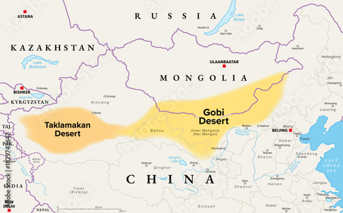 Gobi and Taklamakan Desert, political map. Gobi Desert, large, cold desert and grassland region in southern Mongolia and North China, and Taklamakan, in Xinjiang, northwest China. Illustration. Vector