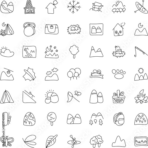 Hand drawn nature and outdoor icon set, doodle mountain, camping, hiking, forest, adventure, wildlife, and travel symbols for outdoor activities, map elements, and nature illustration design