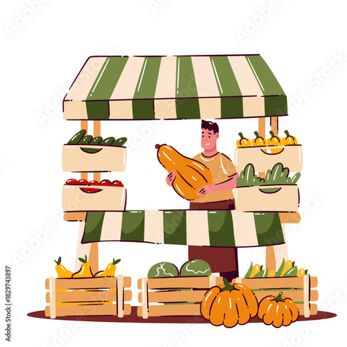 Vegetable market stall with fresh pumpkins, peppers, squash and greens in cartoon doodle outline style, colorful produce scene for food markets and farm shops, vector illustration