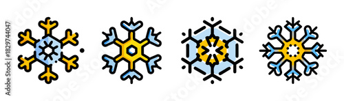 Colorful flat line art snowflake icons set for winter holiday designs