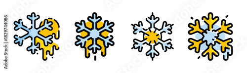 Melting snowflake icons illustrating climate change and warming