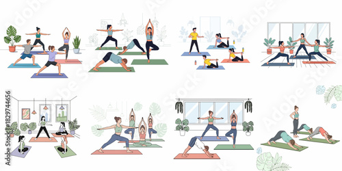 Yoga and Fitness Poses Illustration Set. Diverse group of men and women exercising in modern studio or home environments, promoting health and mindfulness.