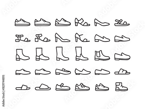 Diverse Footwear, Boots, and Casual Shoes Line Icons Set - Loafers, Heels, Sandals, and Sneakers Vector