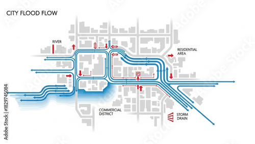 Urban Flood Modeling Diagram with Flow Arrows – Vector Map Design
