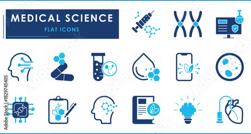 A set of flat icons related to Medical Science. Syringe, gene, lab, digital health, medicine, test-tube, brain, and so on.