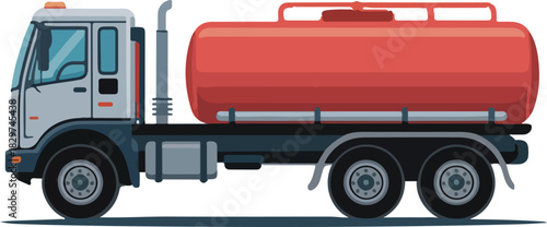 Tanker truck vector illustration with a red cylindrical tank and white cabin for transporting liquids