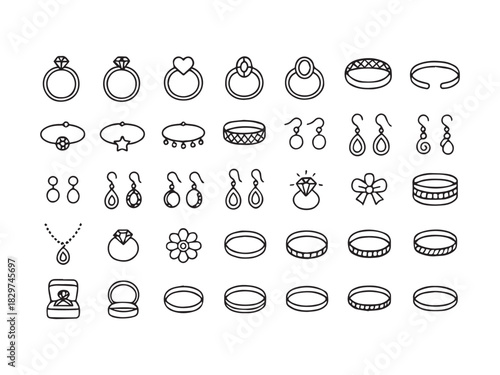 Wedding Jewelry, Rings, and Accessories Line Icons Set - Diamond Ring, Bracelet, Necklace, and Earrings Vector