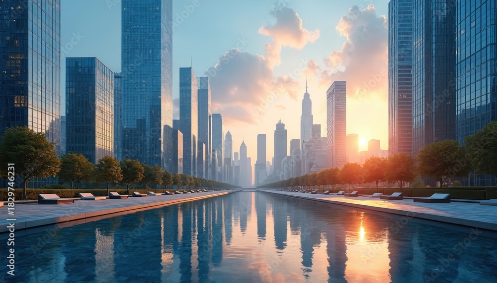 Obraz premium Modern city skyline with tall glass skyscrapers reflecting in a long calm water channel. Trees and lounge chairs line the walkway next to the water. Clear sky with soft clouds at sunset.
