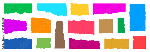 Torn paper pieces set, colorful ripped paper frame, ragged memory sheets with uneven edges, ripped fragments of blank notebook pages, collage craft shape and torned sheets, checkered edges