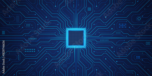 Processor CPU with glowing neon frame on circuit board. Digital AI chip tech semiconductor pattern. Big data backdrop. Technology artificial intelligence innovation web banner - vector