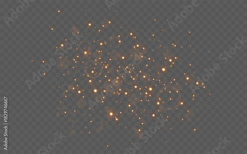Gold glitter particles on transparent background. Christmas golden dust effect with bokeh. Warm luxury design. Soft overlay sparks for festive decoration. Holiday powder. Vector illustration.