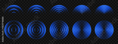 Wave light effect, radar neon waves are spreading, blue wifi wireless network, tech sound wave rings, glowing circles signal