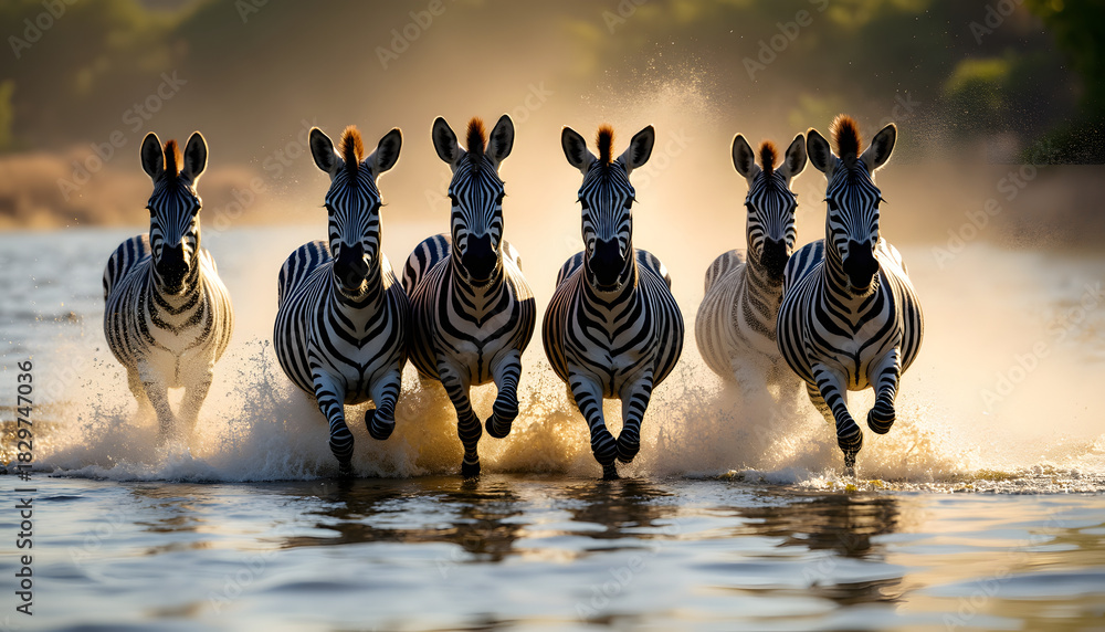 Fototapeta premium Zebras Running Through Water at Sunset, Capturing the Beauty of African Wildlife