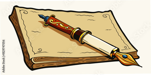 Ornate fountain pen resting on aged handwritten letter with intr.