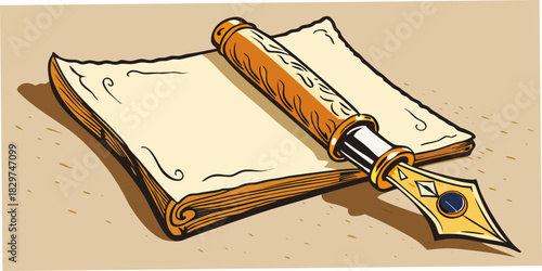 Ornate fountain pen resting on aged handwritten letter with intr.