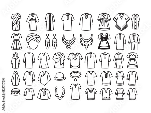 World Traditional Clothing and Ethnic Fashion Line Icons Set - Sari, Kurta, Poncho, and Cultural Apparel Vector
