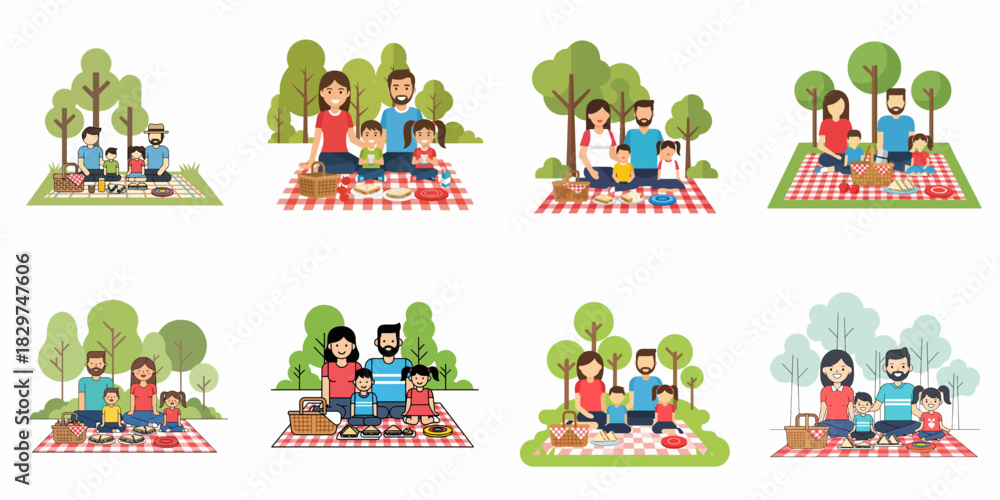 Fototapeta premium Cartoon collection of families enjoying a summer picnic in the park with basket, food, and checkered blanket illustrations.