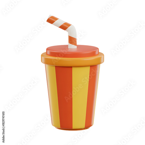 3D rendering of a striped soda cup with straw bright colors isolated on white background