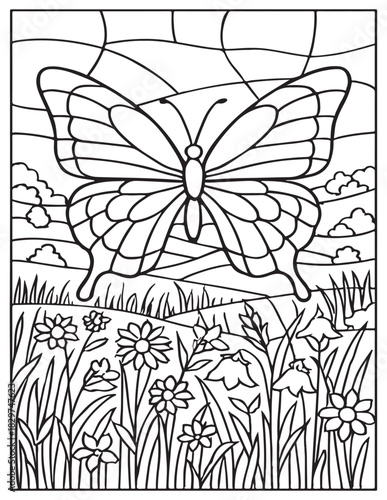 Butterfly with stylized wings and wildflowers in a meadow coloring page | stained glass style