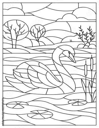 Stained glass style outline of a majestic swan swimming in a peaceful lake